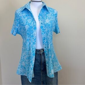 George Floral Blouse Short Sleeve Blue Womens Medium Resort Ruched Pleats